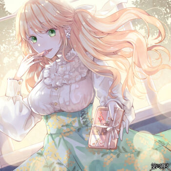 1girl blonde_hair breasts clona copyright_name dairoku_ryouhei day earrings elizabeth_knights gift green_eyes green_skirt hand_up holding holding_gift jewelry lens_flare long_hair long_sleeves looking_at_viewer medium_breasts outdoors shirt skirt solo white_shirt