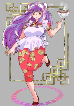 1girl apron chinese_clothes double_bun dress hair_bun highres long_hair purple_hair ranma_1/2 ribbon shampoo_(ranma_1/2) white_apron