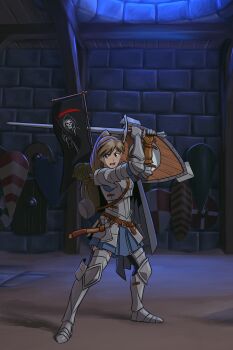 1girl absurdres angela_(doodlepoodle) armor armored_boots axe backpack bag banner bedroll belt blonde_hair blue_eyes blue_skirt boots cape doodlepoodle dungeon fantasy female_knight freckles gauntlets gloves greaves high_ponytail highres long_sword plate_armor pleated_skirt ponytail sashimono shield skirt sword tales_from_the_tables weapon