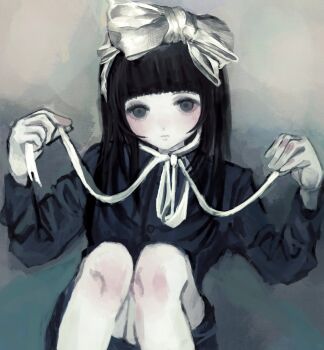 1girl absurdres aqua_background black_eyes black_hair black_shirt black_skirt blunt_bangs blush bow buttons closed_mouth commentary_request dress_shirt empty_eyes expressionless feet_out_of_frame gradient_background grey_background head_bow head_tilt highres holding holding_ribbon large_bow light_frown long_hair long_sleeves looking_at_viewer nnnn_2222 original pale_skin pencil_skirt ribbon shirt simple_background sitting skirt solo straight_hair white_bow white_ribbon