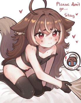 1girl 1other :t animal_ears bare_shoulders begging black_camisole black_gloves black_panties black_thighhighs bow bow_panties brown_hair camisole cat_ears cat_girl cat_tail clothes_tug crying_emoji emoji english_text gloves highres indie_virtual_youtuber long_hair mocha-tan mocha-tan_(character) multicolored_hair out_of_frame panties pout red_eyes seiza sitting solo_focus strap_slip streaked_hair tail thighhighs underwear virtual_youtuber white_hair