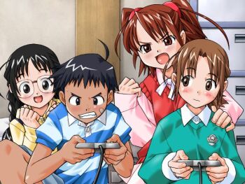 1990s_(style) 2boys 2girls :d ahoge bandaid bandaid_on_cheek bandaid_on_face black_eyes black_hair blue_overalls blue_shirt blush boku_no_himitsu_taiken braid breasts brown_hair child clenched_hands clenched_teeth closed_mouth collared_shirt controller game_cg game_controller gamepad glasses green_shirt hair_ribbon hand_on_another's_shoulder holding holding_controller holding_game_controller hood hoodie indoors long_hair long_sleeves looking_to_the_side mame multiple_boys multiple_girls nakajima_kazuko_(boku_no_himitsu_taiken) open_mouth overalls pink_shirt pink_sweater_vest playing_games red_eyes red_hair red_ribbon retro_artstyle ribbon saeki_akira saeki_yuki_(boku_no_himitsu_taiken) shirt short_hair short_sleeves sidelocks sitting small_breasts smile standing striped_clothes striped_shirt sweater_vest tan tareme teeth tomoda_junpei_(boku_no_himitsu_taiken) twin_braids twintails upper_body v-shaped_eyebrows wavy_hair yellow_hoodie