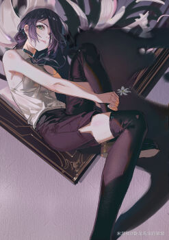 Rule 34 | 1girl, black choker, black thighhighs, chainsaw man, chinese commentary, choker, commentary request, flower, green eyes, hair over eyes, highres, holding, holding flower, iris (flower), picture frame, purple hair, rabbit (tukenitian), reze (chainsaw man), shadow, shirt, short hair, solo, thighhighs, white shirt