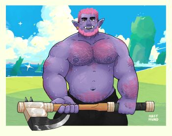 1boy absurdres armpit_hair armpit_hair_peek axe back_hair bara beard belly colored_skin commission cowboy_shot facial_hair fergus_(velikanart) full_beard hahasthund hairy hand_hair highres holding holding_axe large_pectorals looking_at_viewer male_focus mature_male monster_boy muscular muscular_male navel navel_hair nipple_hair nipples orc original pectorals pink_hair pointy_ears purple_skin short_hair smile solo standing stomach strongman_waist sweat thick_arm_hair thick_beard thick_chest_hair thick_eyebrows thick_navel_hair topless_male tusks very_sweaty