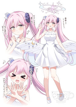 >:) >_< 1girl :d \||/ alternate_costume alternate_hairstyle angel_wings aqua_hair arm_at_side bare_arms bare_shoulders blue_archive blunt_bangs blush breasts clenched_hands closed_mouth collarbone commentary crescent_ornament crossed_hands dress embarrassed eyelashes facing_viewer feathered_wings flower flying_sweatdrops frilled_dress frills full_body gradient_hair hair_flower hair_ornament hair_scrunchie halo halterneck hand_up hands_up happy highres large_breasts long_hair looking_at_viewer low_wings mary_janes mika_(blue_archive) multicolored_hair multiple_views no_socks omochi_(rimulovemiku) open_mouth outstretched_hand pink_hair pink_halo purple_flower purple_scrunchie scrunchie shoes sidelocks simple_background sleeveless sleeveless_dress smile smug spaghetti_strap sparkle standing straight_hair sweatdrop translation_request twintails upper_body v-shaped_eyebrows very_long_hair watermark waving wavy_mouth white_background white_dress white_shoes white_wings wings yellow_eyes