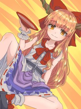 1girl absurdres alcohol arm_behind_back black_shoes bow brown_horns buttons closed_mouth commentary_request cup dutch_angle foot_out_of_frame footwear_bow hair_bow hand_up highres holding holding_cup horns ibuki_suika leg_up legs_apart long_hair looking_at_viewer metal_belt neckerchief orange_hair purple_skirt red_bow red_neckerchief ribbon-trimmed_skirt ribbon_trim sake shirt shoes sitting skirt smile socks solo touhou white_shirt white_socks white_wrist_cuffs wohihohira_(harisuwa) wrist_cuffs yellow_eyes