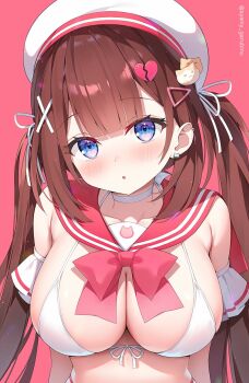 1girl arm_garter ayamy ayamy_(vtuber) bare_shoulders bikini blue_eyes bow bowtie breasts brown_hair choker cleavage commentary_request front-tie_bikini_top front-tie_top hair_ornament hair_ribbon hairclip halterneck hat highres indie_virtual_youtuber large_breasts long_hair looking_at_viewer parted_lips red_sailor_collar ribbon sailor_collar solo string_bikini swimsuit twintails upper_body virtual_youtuber white_bikini white_choker white_hat x_hair_ornament