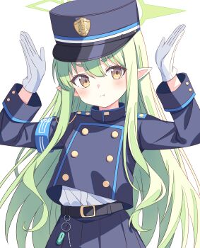 &gt;:( 1girl :t absurdres armband belt black_belt blue_archive blue_armband blue_hat blue_jacket blue_skirt buttons closed_mouth cowboy_shot cropped_jacket double-breasted gloves green_hair green_halo hair_between_eyes halo hands_up hat head_tilt highres hikari_(blue_archive) jacket kepi light_blush long_hair looking_at_viewer making_faces military_hat pleated_skirt pointy_ears pout setteiset shirt shirt_tucked_in sidelocks skirt solo v-shaped_eyebrows very_long_hair white_background white_gloves white_shirt yellow_eyes