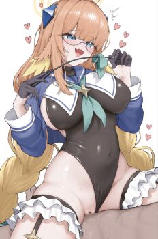 1boy 1girl aqua_neckerchief bar_censor black_gloves black_leotard blonde_hair blue-framed_eyewear blue_archive blue_eyes blue_shrug blunt_bangs blush braid braided_twintails breasts censored clothed_sex clothing_aside covered_navel cowboy_shot cowgirl_position fang feather_hair frilled_thigh_strap furrowed_brow girl_on_top glasses gloves half_gloves halo heart heart_in_eye hetero highleg highleg_leotard highres holding holding_riding_crop large_breasts leotard leotard_aside long_hair looking_at_another low_twin_braids multicolored_hair neckerchief official_alternate_costume open_mouth orange_hair pussy rainbow_goreinu riding_crop semi-rimless_eyewear shimiko_(blue_archive) shimiko_(magical)_(blue_archive) shrug_(clothing) sideless_leotard sidelocks simple_background skin_fang skin_tight smile solo_focus straddling sweat symbol_in_eye thigh_strap twin_braids two-tone_hair vaginal very_long_hair white_background yellow_halo