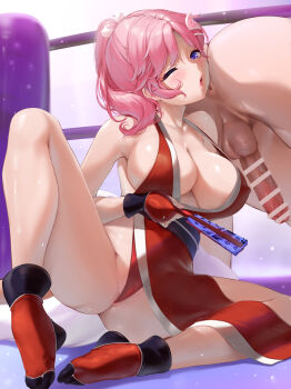 Rule 34 | 1boy, 1girl, absurdres, alternate hairstyle, anal, anal ball wear, anal object insertion, anus, ass, backless outfit, bar censor, bare shoulders, blowing, blue eyes, blush, boxing ring, breasts, censored, cleavage, clothed female nude male, clothing aside, collarbone, commission, commissioner upload, cosplay, erection, face in ass, fatal fury, folded fan, folding fan, hair ornament, hand fan, highres, holding, holding fan, japanese clothes, kimono, large breasts, ninja, nironiro, nude, obi, object insertion, one eye closed, paper fan, pelvic curtain, pelvic curtain aside, penis, pink hair, pink lips, pixiv commission, ponytail, red kimono, red shoes, revealing clothes, saigyouji yuyuko, sash, shiranui mai, shiranui mai (cosplay), shoes, short hair, short ponytail, sleeveless, sleeveless kimono, snk, spread legs, testicles, the king of fighters, touhou, triangular headpiece, veins, veiny penis, wrist guards