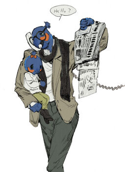 1boy 1girl bird bird_boy bird_girl black_scarf blue_eyes blue_feathers bow brown_coat carrying child child_carry coat cockatoo corded_phone cowboy_shot english_text father_and_daughter feathers furry furry_female furry_male glasses hair_bow hand_up holding holding_newspaper nagabe newspaper original parrot_boy phone ponytail red_bow scarf shirt short_ponytail simple_background talking_on_phone walking white_background white_shirt
