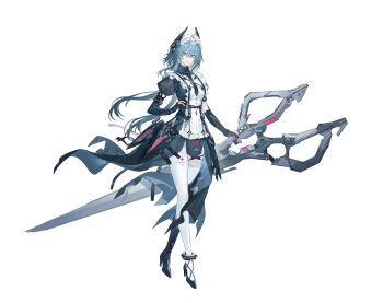 Rule 34 | 1girl, black dress, black necktie, black shoes, breasts, commentary request, discord: secator (pgr), discord (pgr), dress, echj, full body, grey eyes, grey hair, hair between eyes, headgear, high heels, highres, holding, holding scissors, long hair, looking at viewer, maid, maid headdress, mechanical arms, mechanical hands, necktie, parted lips, punishing: gray raven, revision, scissors, shoes, simple background, small breasts, solo, thighhighs, white background, white thighhighs