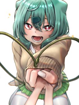 1girl blush brown_sweater bulbasaur commentary_request fingernails foreshortening gen_1_pokemon green_hair green_skirt gyaru gyaru_bulbasaur gyaru_bulbasaur_(shin_no_tenpii) gyaru_v heart highres kogal korean_commentary long_sleeves looking_at_viewer medium_hair miniskirt nintendo open_collar personification pleated_skirt pokemon pokemon_pokopia red_eyes revision school_uniform shirt simple_background sitting skirt smile solo sparkle sweater thighhighs v wariza white_background white_shirt white_thighhighs wldud9_9