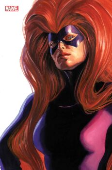 1girl alex_ross big_hair blue_eyes bodysuit comic_cover company_name cover cover_page highres inhumans long_hair looking_at_viewer marvel mask medusa_(marvel) official_art orange_hair purple_bodysuit realistic solo superhero_costume third-party_source upper_body very_long_hair western_comics_(style) white_background