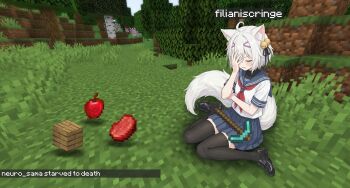 Rule 34 | 1girl, animal ear fluff, animal ears, bell, black thighhighs, blue skirt, closed eyes, commentary, english commentary, facepalm, filian (vtuber), hair bell, hair ornament, highres, loafers, meme, minecraft, minecraft pickaxe, muchdoge, non-web source, original, pickaxe, sailor, shoes, skirt, solo, thighhighs