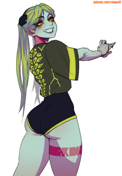 1girl arms_up artificial_eye ass colored_sclera colored_skin cyberpunk:_edgerunners cyberpunk_(series) cyborg fang green_hair grin highres leg_tattoo legs_apart lips long_hair looking_at_viewer looking_back mechanical_eye neck_tattoo outstretched_arms own_hands_together pink_tattoo rebecca_(cyberpunk) red_sclera shirt_tucked_in short_shorts short_sleeves shorts smile solo stopu tattoo twintails underbutt very_long_hair watermark web_address wide_sleeves yellow_eyes