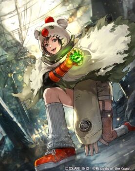 animal_hood ball black_hair capelet cosplay final_fantasy final_fantasy_vii final_fantasy_vii_remake fingerless_gloves gloves grey_shorts holding holding_ball hood hooded_capelet loose_socks magic:_the_gathering materia moogle moogle_(cosplay) nijihayashi official_art on_one_knee open_mouth orange_gloves orange_shoes shoes short_hair shorts single_arm_guard single_fishnet_legwear smile sneakers socks square_enix torn_capelet torn_clothes white_socks