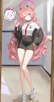 1girl absurdres ankle_socks aroused_nosebleed black_choker black_horns black_jacket black_skirt blood blue_archive blurry blurry_background breast_pocket breasts cellphone choker closed_mouth collared_shirt commentary doodle_sensei_(blue_archive) double_bun dress_shirt fake_horns full_body hair_bun halo head_tilt highres holding holding_phone horns indoors jacket kirara_(blue_archive) lens_flare long_hair long_sleeves looking_at_viewer loose_necktie medium_breasts nail_polish necktie nosebleed off_shoulder open_clothes open_jacket pencil_skirt phone pink_eyes pink_hair pink_halo pink_nails pocket puffy_long_sleeves puffy_sleeves red_necktie school_uniform sensei_(blue_archive) shirt shoes skirt smartphone smile sneakers socks solo standing very_long_fingernails very_long_hair white_shirt white_shoes white_socks youngjoo_kjy