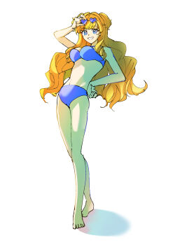 1girl arm_up bare_arms bare_legs bare_shoulders barefoot bikini blonde_hair blue-tinted_eyewear blue_bikini blue_hair breasts commentary_request eyewear_on_head full_body grin hand_on_own_hip heart heart-shaped_eyewear highres honkai_(series) honkai_impact_3rd kino_mota long_hair looking_at_viewer medium_breasts navel shadow simple_background smile solo songque swimsuit tinted_eyewear very_long_hair white_background