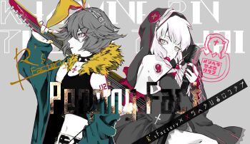 2girls album_cover alternate_costume animal_hood aqua_jacket belt capelet carrying_over_shoulder collar commentary_request cover crop_top dress electric_guitar frown fur-trimmed_jacket fur_trim guitar hair_ribbon hand_up holding holding_guitar holding_instrument holding_microphone_stand hood hood_up instrument jacket kagamine_rin long_sleeves looking_ahead looking_at_viewer looking_to_the_side microphone_stand multiple_girls musical_note_necklace non7 number_tattoo off_shoulder open_clothes open_jacket partially_colored profile rabbit_hood red_nails ribbon serious short_dress short_hair shoulder_tattoo simple_background spiked_collar spikes tank_top tattoo text_background vocaloid voiceroid wide_sleeves yellow_ribbon yuzuki_yukari