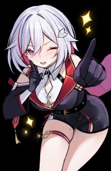 1girl absurdres bare_shoulders black_gloves blue_eyes breasts cleavage colored_inner_hair commentary english_commentary fang four-pointed_star gloves hair_between_eyes hair_intakes hair_ornament highres honkai:_star_rail honkai_(series) large_breasts looking_at_viewer miclipse mole mole_on_thigh multicolored_hair one_eye_closed pointing pointing_at_viewer red_hair short_hair simple_background skin_fang skindentation smile solo streaked_hair thigh_strap topaz_(honkai:_star_rail) white_hair