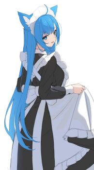 Rule 34 | 1girl, ahoge, animal ears, apron, back bow, black dress, blue eyes, blue hair, bow, dress, frilled apron, frills, from side, long dress, long hair, long sleeves, looking at viewer, looking back, maid, maid headdress, nanashi inc., nishino eri, open mouth, sideways glance, simple background, skirt hold, smile, solo, souya ichika, straight hair, very long hair, white apron, white background, white bow, white headdress