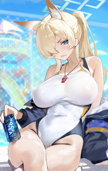 1girl absurdres animal_ear_fluff animal_ears bare_shoulders blonde_hair blue_archive blue_eyes blue_halo blue_jacket blush breasts clenched_teeth crossed_legs dog_ears dog_girl drink extra_ears hair_over_one_eye halo highleg highleg_one-piece_swimsuit highres holding holding_drink jacket kanna_(blue_archive) kanna_(swimsuit)_(blue_archive) large_breasts long_hair looking_at_viewer official_alternate_costume official_alternate_hairstyle one-piece_swimsuit open_clothes open_jacket ponytail runfufu sharp_teeth sidelocks solo swimsuit teeth white_one-piece_swimsuit