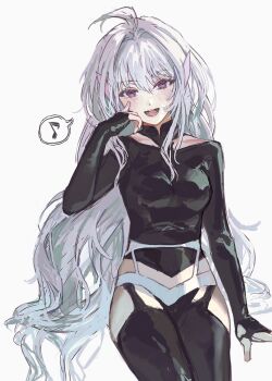 Rule 34 | 1girl, ahoge, black bodysuit, bodysuit, breasts, cherroppi, clothing cutout, fate/grand order, fate/prototype, fate (series), fingerless gloves, gloves, hand on own face, highres, invisible chair, long hair, medium breasts, merlin (fate/prototype), musical note, open mouth, purple eyes, sitting, spoken musical note, thighs, very long hair, white hair
