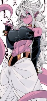 1girl abs android android_21 black_nails black_shirt blue_eyes bracelet breasts choker colored_skin covered_erect_nipples detached_sleeves dragon_ball dragon_ball_fighterz ear_piercing earrings from_below harem_pants jewelry kinakomochi_(user_vedc2333) large_breasts long_hair long_sleeves looking_at_viewer majin_android_21 midriff nail_polish navel pants piercing pink_skin pointy_ears robot shirt standing strapless tail tube_top white_background white_hair white_pants