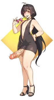 1boy ahoge androgynous artist_name biting_glasses black_dress black_hair black_nails blush bracelet choker collarbone commission curvy dress earrings full_body hair_intakes hand_on_own_hip heart heart-shaped_eyewear high_heels highres hoop_earrings huge_penis jewelry large_testicles long_hair looking_at_viewer low_ponytail motion_lines multicolored_hair navel open_mouth original penis plunging_neckline ponytail purple_eyes purple_hair ring short_dress sidelocks signature smile standing streaked_hair sulcate testicles thick_thighs thighs trap veins veiny_penis very_long_hair white_background wide_hips