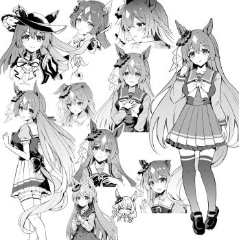 Rule 34 | 1girl, animal ears, back bow, bow, bowtie, breasts, cavalier hat, chibi, commentary request, double-parted bangs, ear covers, greyscale, hand on own chest, hat, highres, horse ears, horse girl, large bow, large breasts, loafers, long hair, long sleeves, monochrome, multiple views, musketeer, nasupon 54115, official alternate costume, pleated skirt, puffy short sleeves, puffy sleeves, sailor collar, sailor shirt, satono diamond (chevalier bleu) (umamusume), satono diamond (natural brilliance) (umamusume), satono diamond (umamusume), school uniform, shirt, shoes, short sleeves, skirt, thighhighs, tracen school uniform, umamusume, white bow, white bowtie, white skirt, white thighhighs
