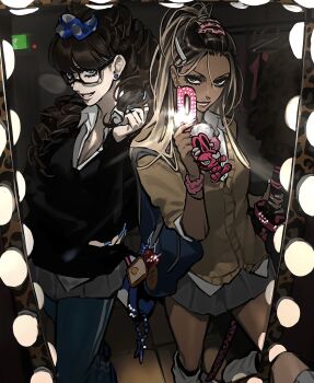 2girls bangs_pinned_back black_hair blonde_hair camera_flash cellphone dark-skinned_female dark_skin fingernails flip_phone ganguro glasses grin gyaru hair_ornament hairclip highres holding holding_sword holding_weapon katana long_fingernails long_hair ma0ma0_0 mirror multicolored_hair multiple_girls nogi_momoka original pants pants_under_skirt phone playing_with_own_hair roots_(hair) saotome_anna school_uniform scrunchie selfie smile sword track_pants two-tone_hair weapon