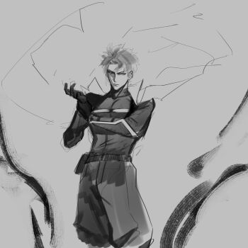 1boy absurdres adjusting_clothes adjusting_gloves baggy_pants black_gloves black_shirt coat commentary english_commentary glaring gloves highres logicsterrr looking_at_viewer male_focus monk_(final_fantasy) narrowed_eyes open_clothes open_coat original pants shirt short_hair solo spiked_hair white_coat wind