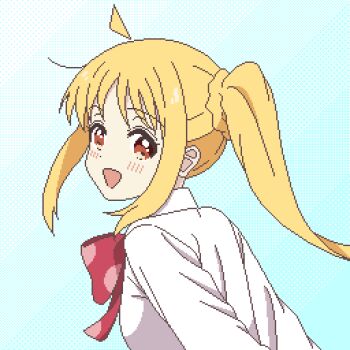 1girl :d ahoge arms_behind_back blonde_hair blue_background blush bocchi_the_rock! bow bowtie collared_shirt commentary_request detached_ahoge highres ijichi_nijika looking_at_viewer open_mouth pixel_art red_bow red_bowtie red_eyes shirt side_ponytail sidelocks simple_background smile solo upper_body white_shirt yuru_kaze