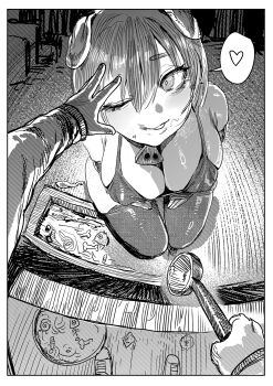 1boy 1girl animal_ears border breasts commentary_request crosshatching greyscale hatching_(texture) heart highres monochrome one_eye_closed original pig_ears pig_girl pov sitakiding speech_bubble white_border