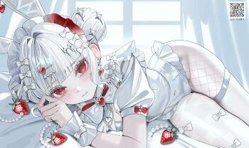 1girl absurdres akadajohnson02 artist_name asymmetrical_legwear bow bowtie breasts cleavage closed_mouth commentary_request double_bun food fruit hair_bow hair_bun hair_intakes hair_ornament hairclip heart-shaped_gem highres kyomu_suzume leotard looking_at_viewer lying mismatched_legwear mole mole_under_eye multiple_hair_bows on_side original pantyhose puffy_short_sleeves puffy_sleeves qr_code red_bow red_eyes short_sleeves sidelocks solo strawberry thigh_strap white_bow white_bowtie white_hair white_leotard white_pantyhose white_wrist_cuffs wrist_cuffs