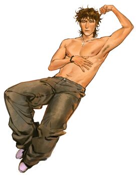 1boy armpit_hair armpits baggy_pants bead_bracelet beads bracelet brown_hair closed_mouth commentary cross cross_necklace denim earrings english_commentary flexing full_body green_eyes grey_pants half-closed_eyes hand_on_own_stomach highres holding holding_own_hair jeans jewelry kunnuscumnus looking_to_the_side male_focus messy_hair mole mole_on_arm mole_on_chest mole_on_stomach mole_under_eye mullet multiple_moles navel necklace nipples no_sclera original pants rowan_(kunnuscumnus) shoes silver_necklace simple_background stomach stud_earrings undercut wavy_hair white_background white_shoes