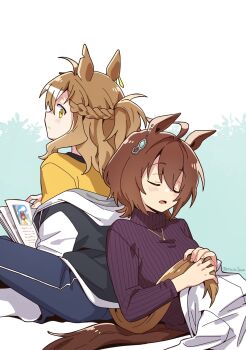 Rule 34 | 2girls, agnes tachyon (umamusume), ahoge, animal ears, back-to-back, black jacket, blue pants, braid, brown hair, closed eyes, commentary request, dated commentary, double-parted bangs, fingernails, half up braid, highres, holding another's tail, horse ears, horse girl, horse tail, indian style, jacket, jacket partially removed, jungle pocket (umamusume), long sleeves, looking back, mazu1kan, medium hair, multiple girls, pants, parted lips, purple sweater, ribbed sweater, shirt, sitting, sleeping, sleeping upright, sweater, tail, turtleneck, turtleneck sweater, twitter username, two-tone background, umamusume, yellow eyes, yellow shirt