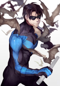 1boy bat_(animal) batman_(series) black_hair dc_comics dick_grayson domino_mask dual_wielding escrima_stick eye_mask eyin gloves holding male_focus mask multicolored_bodysuit nightwing solo two-tone_bodysuit weapon white_background