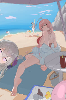 Rule 34 | 4girls, absurdres, azusa (blue archive), azusa (swimsuit) (blue archive), barefoot, beach, bikini, blonde hair, blue archive, blush, derwifi, feet, grey hair, hanako (blue archive), hanako (swimsuit) (blue archive), hifumi (blue archive), hifumi (swimsuit) (blue archive), highres, innertube, koharu (blue archive), koharu (swimsuit) (blue archive), long hair, looking at viewer, multiple girls, open mouth, parasol, pink hair, smile, soles, swim ring, swimsuit, toes, umbrella