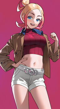 1girl 987645321o belt blonde_hair blue_eyes breasts brown_jacket commentary highres jacket medium_breasts nintendo open_mouth parted_bangs pink_background pink_hair pokemon pokemon_legends:_z-a red_sweater ribbed_sweater short_hair shorts simple_background smile sweater taunie_(pokemon) turtleneck turtleneck_sweater white_belt white_shorts
