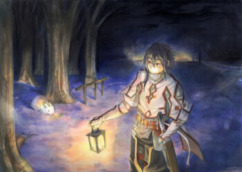 1boy black_hair black_pants black_sky breath commentary covered_mouth facing_to_the_side forest gloves grey_shirt grey_tunic gurast high_collar highres holding holding_lantern holding_sword holding_weapon lantern looking_to_the_side male_focus medium_hair nature night original outdoors outstretched_arm pants rabbit red_eyes red_trim scabbard scarf sheath shirt shirt_under_shirt sky snow sunset sword tree tunic vignetting weapon white_gloves white_scarf white_tunic winter