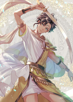 1boy ancient_greek_clothes brown_hair claude_von_riegan dancer dancer_(fire_emblem:_three_houses) dark-skinned_male dark_skin fire_emblem fire_emblem:_three_houses gold_cape greco-roman_clothes green_eyes holding holding_sword holding_weapon nintendo saku_(soreca49) short_hair side_cape smile solo sword weapon