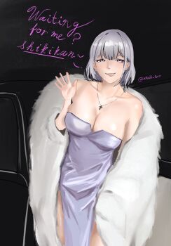Rule 34 | 1girl, alternate costume, arm up, bare shoulders, blaizepascal, blush, breasts, cleavage, collarbone, commentary, cross, cross necklace, dress, earrings, english commentary, english text, feet out of frame, girls' frontline, grey hair, highres, jewelry, looking at viewer, medium breasts, medium hair, necklace, open mouth, parted lips, purple dress, purple eyes, rpk-16 (girls' frontline), simple background, smile, solo, standing, strapless, strapless dress, twitter username