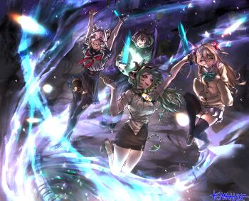 1boy 3girls ahoge animal_ear_fluff animal_ears aqua_bow aqua_eyes arm_up arms_up artist_name bell black_hair black_hairband black_ribbon black_sclera black_skirt black_thighhighs blue_sailor_collar blue_skirt bow breasts brown_hair brown_jacket brown_shoes cat_ears cat_girl collared_shirt colored_sclera commentary cow_ears cow_girl cow_tail cowbell drawstring enderman english_commentary eyelashes fang filian_(vtuber) full_body glint green_hair green_hoodie grey_sclera hair_between_eyes hair_intakes hair_ornament hair_ribbon hairband hairclip heart heart_hair_ornament heart_hairclip heterochromia highres holding holding_sword holding_weapon hood hood_up hoodie indie_virtual_youtuber jacket jumping kamijoemom long_hair long_sleeves minecraft minecraft_sword mismatched_sclera mismatched_socks mole mole_under_mouth multiple_girls neck_bell neck_ribbon neckerchief neuro-sama one_eye_closed purple_eyes red_eyes red_neckerchief red_ribbon ribbon rindo_(vrchat) rock sailor_collar school_uniform serafuku shirt shoes short_sleeves skin_fang skirt sky sleeves_past_fingers sleeves_past_wrists smile star_(sky) sweatdrop sword tail the_end_(minecraft) thighhighs torn_clothes torn_thighhighs two_side_up vedal987 vedal_ai virtual_youtuber weapon white_eyes white_hair white_shirt