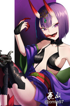 1girl absurdres bare_shoulders blood breasts bridal_gauntlets eyeliner fangs fate/grand_order fate_(series) headpiece highres horns japanese_clothes kimono long_sleeves looking_at_viewer makeup obi off_shoulder omte97 oni open_mouth purple_eyes purple_hair purple_kimono revealing_clothes sash short_eyebrows short_hair shuten_douji_(fate) skin-covered_horns small_breasts smile solo thighs