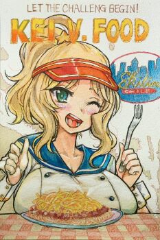 1girl blonde_hair blue_eyes blush breast_rest breasts buttons checkered_tablecloth cheese chef collarbone colored_pencil_(medium) commentary_request company_name english_text food fork girls_und_panzer hat highres holding holding_fork kay_(girls_und_panzer) large_breasts logo long_hair looking_at_viewer marker_(medium) meat nabeyu nib_pen_(medium) one_eye_closed open_mouth painting_(medium) parody pasta pen_(medium) plate red_hat restaurant scan shirt smile solo spaghetti star_(symbol) tablecloth teeth tongue traditional_media typo visor_cap watercolor_(medium) white_background white_shirt wrist_cuffs