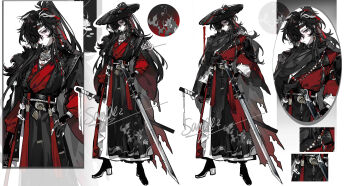1boy absurdres asymmetrical_bangs belt black_belt black_eyes black_hair cape chinese_clothes closed_mouth full_body fur-trimmed_cape fur_trim ge_ge_yu hanfu hat high_ponytail highres holding holding_sword holding_weapon looking_at_viewer male_focus multiple_views one_eye_covered original pale_skin parted_bangs ponytail red_hanfu sample_watermark sword tassel torn_cape torn_clothes watermark weapon