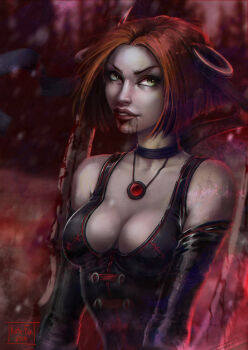 1girl amulet armor blood bloodrayne bloody_weapon breasts choker cleavage dated dhampir elbow_gloves fangs fingerless_gloves gloves green_eyes half-human half-undead halterneck halterneck kate-fox large_breasts leather_armor mixed_species rayne red_hair standing undead vampire watermark weapon