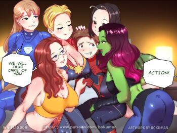1boy 5girls age_difference antennae armor artist_name ass assertive_female aunt_and_nephew avengers:_endgame avengers_(series) back bandages bare_shoulders bed black_eyes black_hair blonde_hair blue_eyes blush bodysuit bokuman breast_press breast_rest breasts breasts_on_head brown_hair captain_marvel carol_danvers cleavage collarbone colored_skin covered_erect_nipples curly_hair curvy dress english_text from_behind gamora glasses green_dress green_skin grin half-closed_eyes hand_on_another&#039;s_crotch hand_on_another&#039;s_head hand_on_another&#039;s_shoulder harem holding_hands imminent_penetration indoors lamp large_breasts leggings licking_lips long_hair mantis_(marvel) marvel marvel mature_female may_parker midriff multicolored_hair multiple_girls naughty_face navel nervous nervous_smile no_panties open_mouth orange_tank_top pants parted_lips pepper_potts peter_parker pink_hair ponytail power_armor red_hair rescue_(iron_man) sexually_suggestive shiny_clothes shiny_skin sitting size_difference smile speech_bubble spider-man tank_top teeth text_focus thighs tongue tongue_out two-tone_hair watermark web_address you_gonna_get_raped